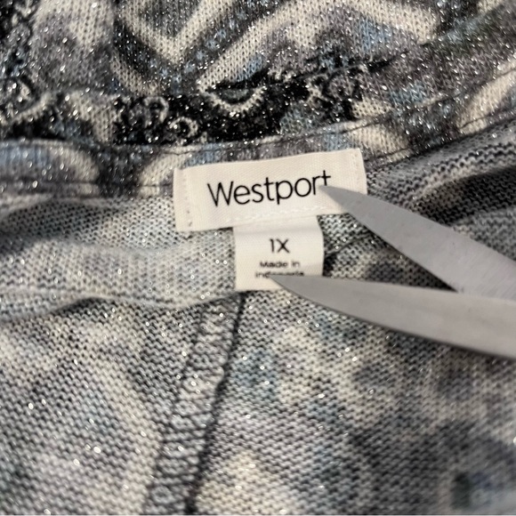 Westport Silver Blue Metallic Sweater Floral Knit Pullover V-Neck Asymmetrical - Picture 10 of 12